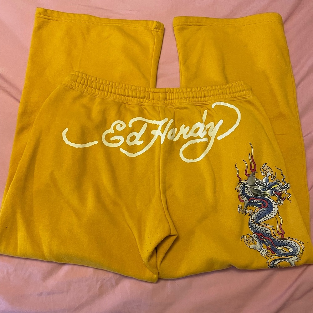 Ed Hardy Golden Sweatpants with Bold Design